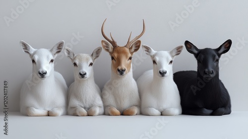 A group of five animals, including a black one, are laying down in a row