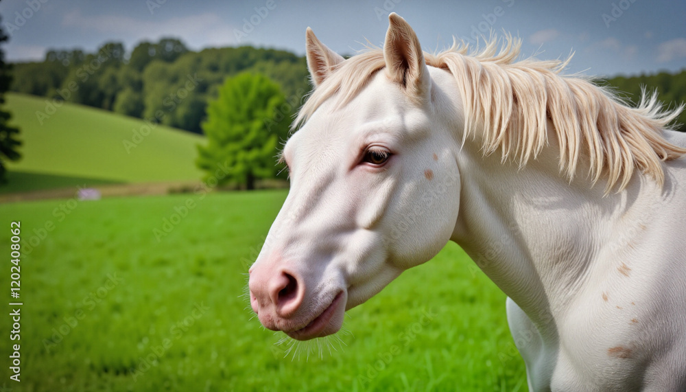 Close-up of a beautiful horse with flowing mane in a vibrant green pasture Close-up of a beautiful horse with flowing mane in a vibrant green pasture