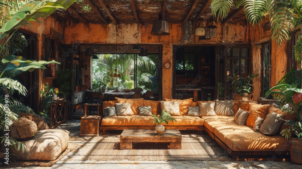 Tropical getaway vibes in a lush outdoor living space high-resolution textures cozy atmosphere natural surroundings