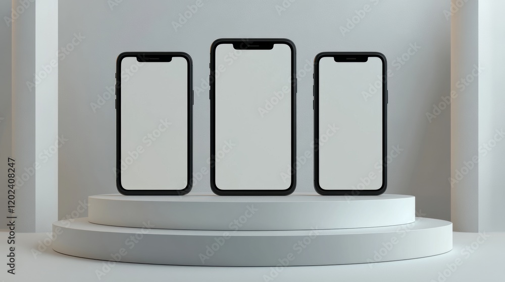Modern Display of Three Smartphone Devices on a Minimalist Stage Modern Display of Three Smartphone Devices on a Minimalist Stage