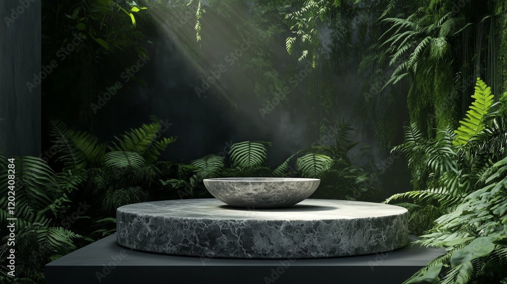 A stone, round podium with a bowl on it, set against a dark green jungle backdrop. A stone, round podium with a bowl on it, set against a dark green jungle backdrop.