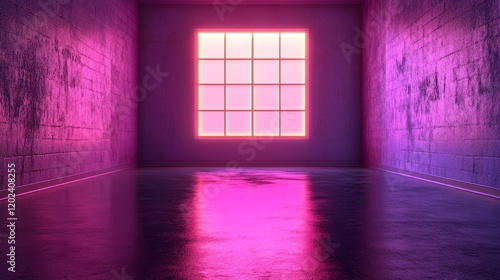 A room with a pink wall and a window with neon lights