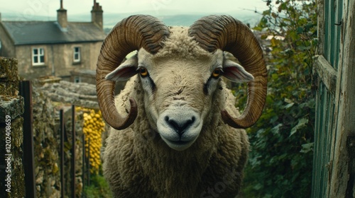 Majestic Ram Staring Down a Country Lane with Rustic Homes Nearby photo