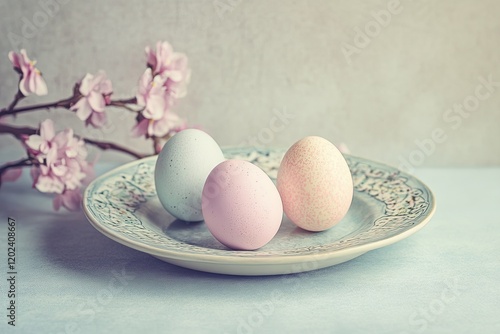 Soft pastel eggs arranged on decorative plate with delicate blos photo