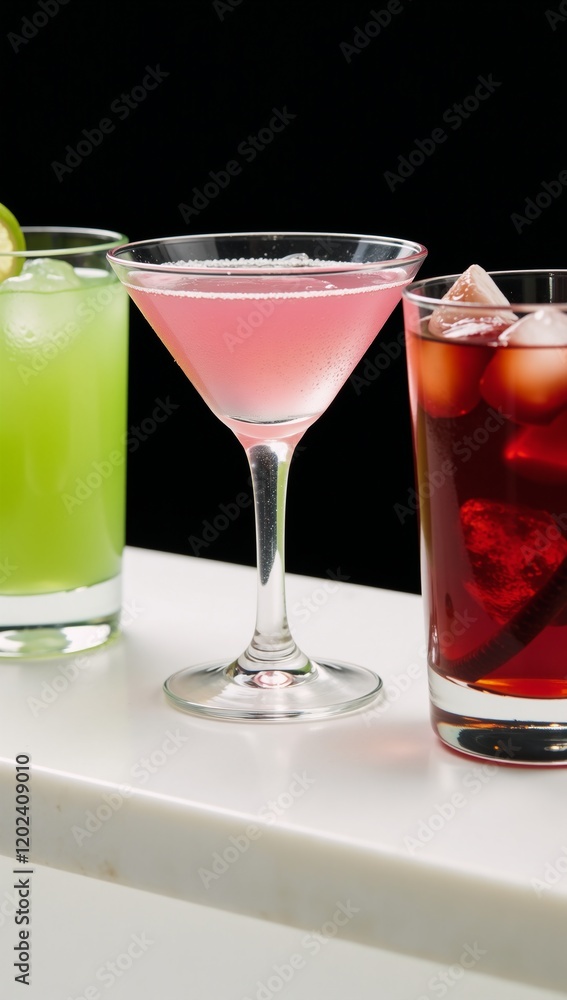 Three lined cocktails with distinct colors Three lined cocktails with distinct colors