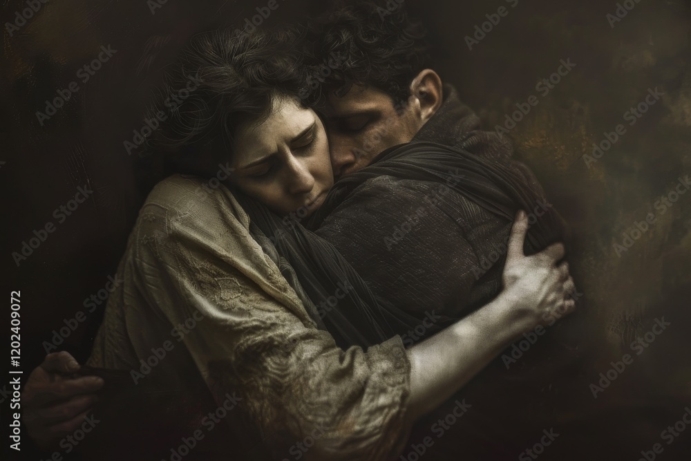 A son provides comfort to his mother by offering a comforting embrace in a dimly lit room, A son comforting his mother, offering a shoulder to lean on in times of need A son provides comfort to his mother by offering a comforting embrace in a dimly lit room, A son comforting his mother, offering a shoulder to lean on in times of need