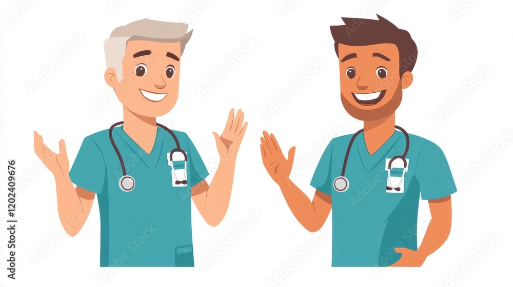 Friendly Male Doctors Engaging in Conversation and Smiling Together Friendly Male Doctors Engaging in Conversation and Smiling Together