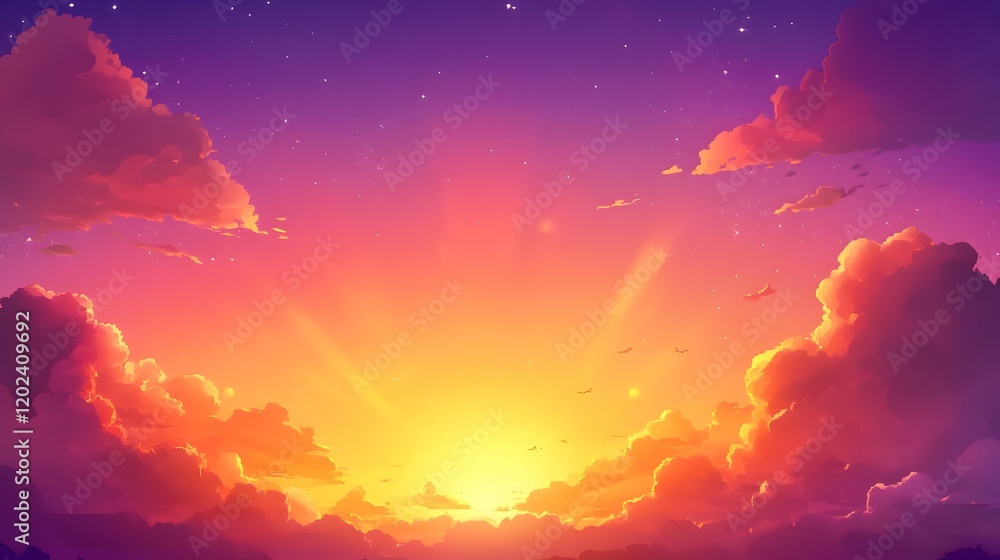 Naklejka premium Vibrant Sunset Sky with Colorful Clouds and Stars