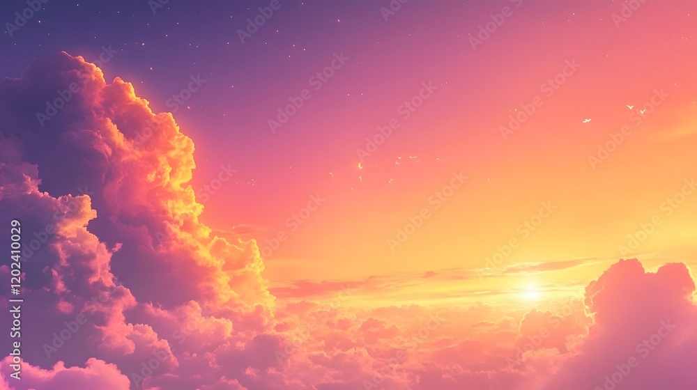 Fototapeta premium Vibrant Sunset Sky Above Fluffy Pink Clouds