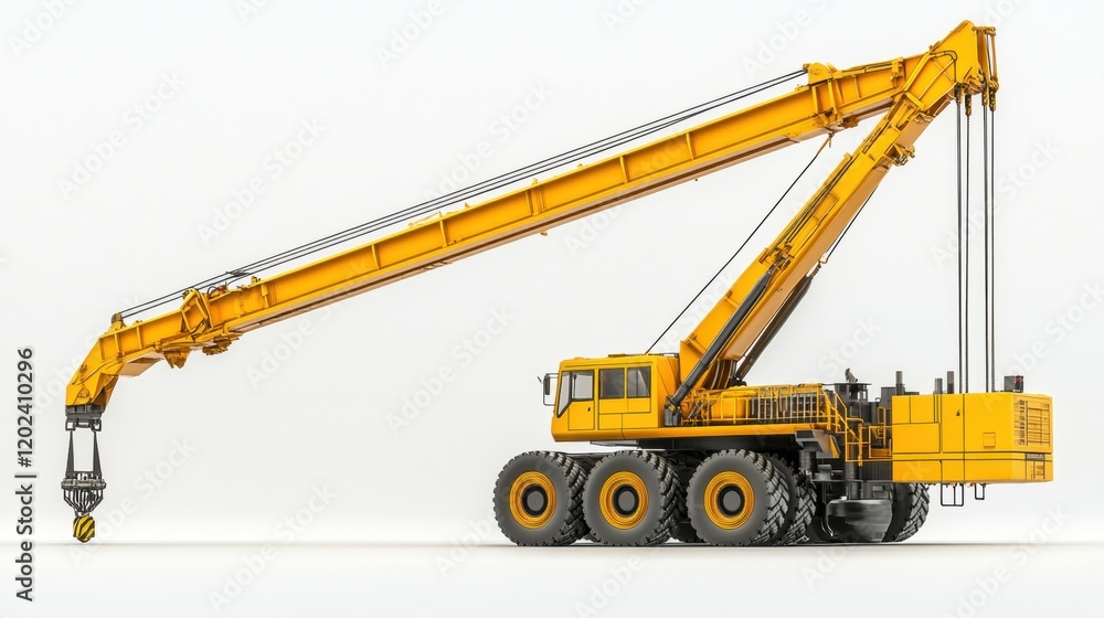 Heavy construction yellow crane with extended arm and grabber tool Heavy construction yellow crane with extended arm and grabber tool