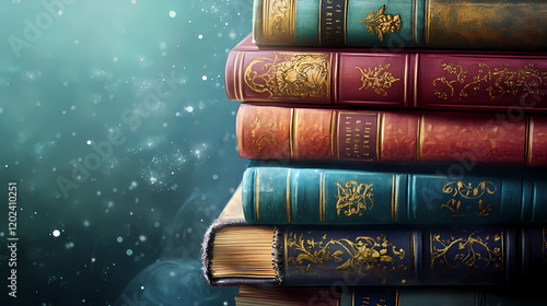 Whimsical stack of colorful vintage books with gold-embossed spines, perched precariously in magical library setting with floating dust motes. Vintage Library Setting. Illustration photo