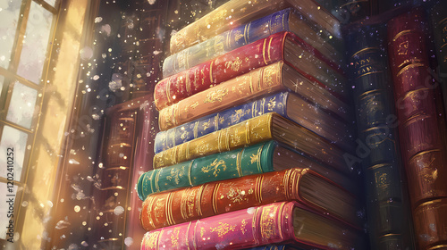 Whimsical stack of colorful vintage books with gold-embossed spines, perched precariously in magical library setting with floating dust motes. Vintage Library Setting. Illustration photo