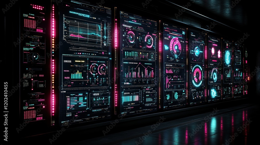 Fototapeta premium Data center wall displays analytics dashboards in dark room
