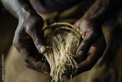 Hands skillfully hold natural fibers, showcasing traditional cra photo