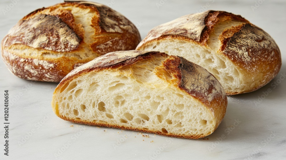 Freshly Baked Artisan Bread Loaves on Marble Surface Freshly Baked Artisan Bread Loaves on Marble Surface