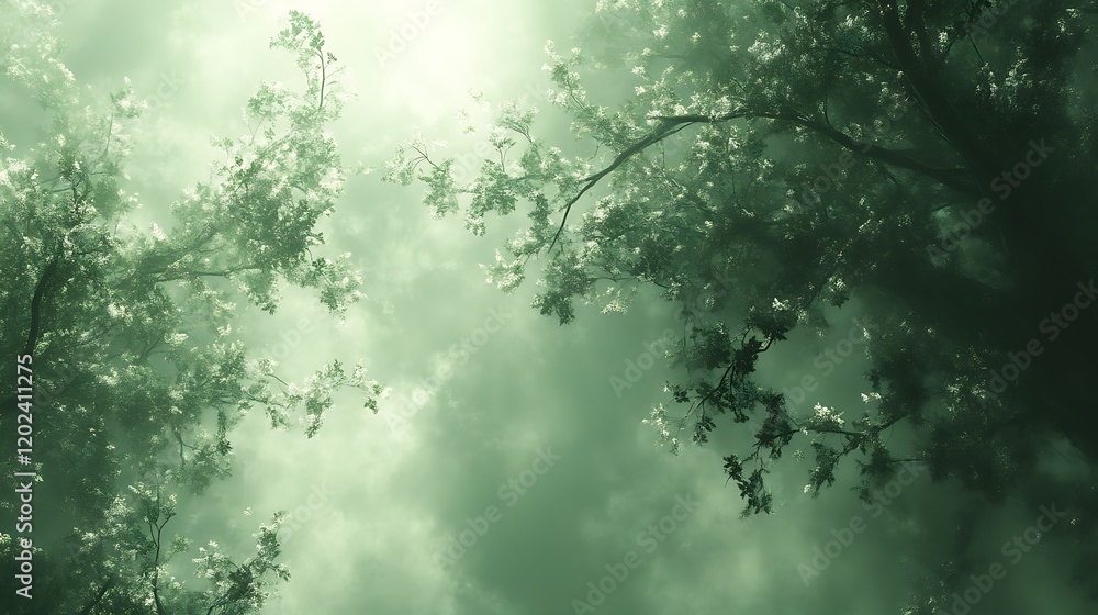 Fototapeta premium Misty Green Forest Canopy Sunlight Dappled Leaves