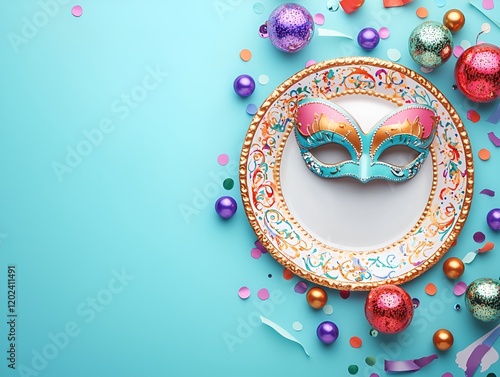 Masquerade mask lying on a decorated plate on a bright blue background. photo