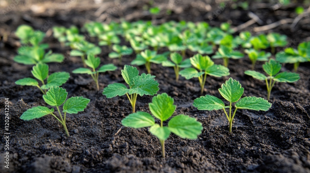 Fresh Green Seedlings Growing in Rich Dark Soil Under Bright Sunlight Fresh Green Seedlings Growing in Rich Dark Soil Under Bright Sunlight