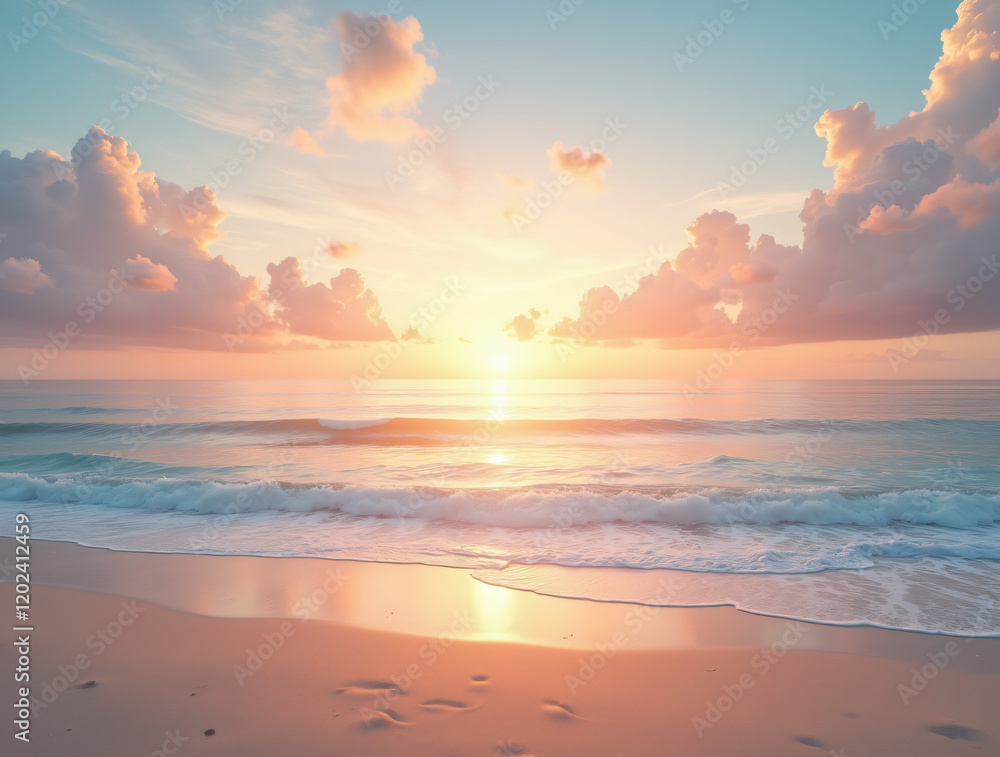 Obraz premium A Serene Beach at Sunset With Pastel Clouds in the Sky