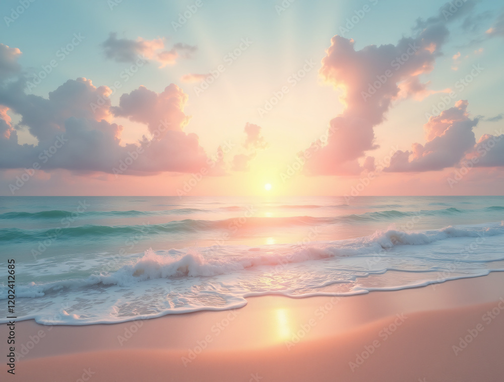Fototapeta premium A Serene Beach at Sunset With Pastel Clouds in the Sky