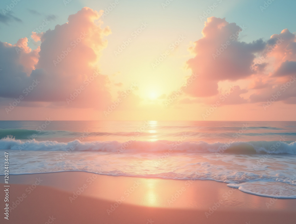 Fototapeta premium A Serene Beach at Sunset With Pastel Clouds in the Sky