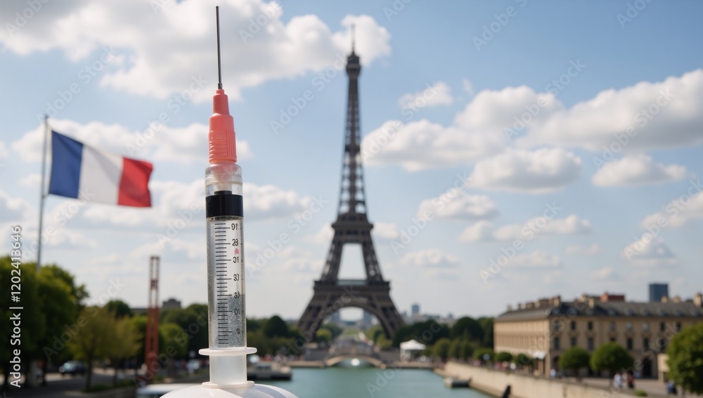 French-inspired artwork showcasing a stylized vaccine syringe promoting immunization awareness