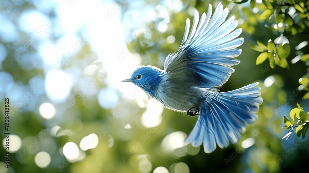 Bluebird in flight, sunlit forest, nature background; perfect for nature, wildlife, freedom themes