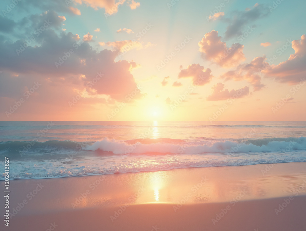 Fototapeta premium A Serene Beach at Sunset With Pastel Clouds in the Sky