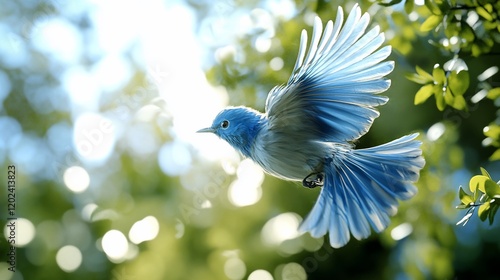 Obraz na płótnie Bluebird in flight, sunlit forest, nature background; perfect for nature, wildlife, freedom themes w salonie