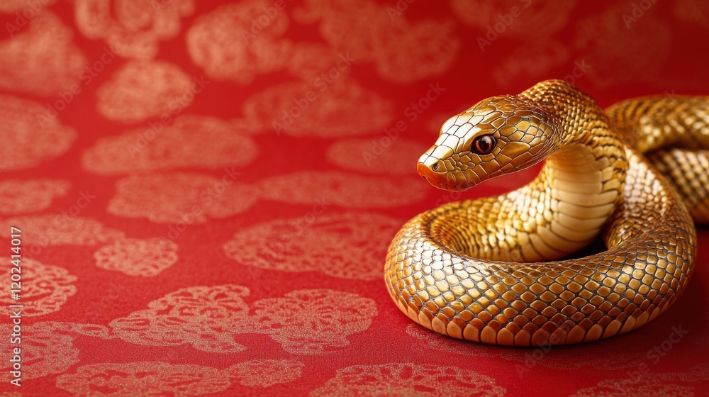Golden Snake on Red Chinese Patterned Fabric Golden Snake on Red Chinese Patterned Fabric