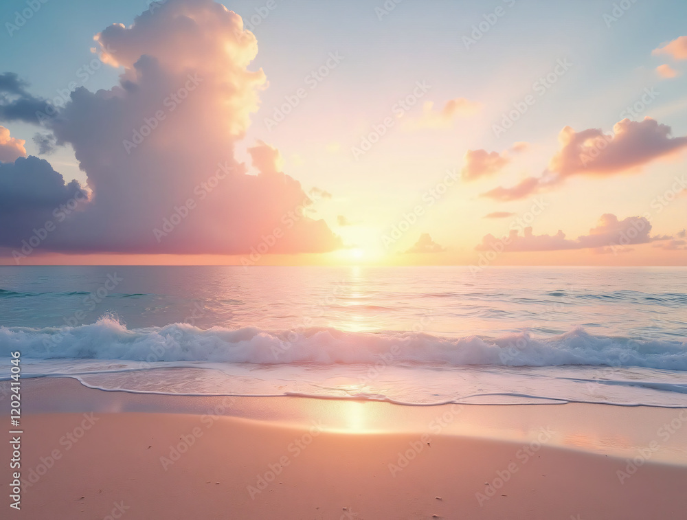 Obraz premium A Serene Beach at Sunset With Pastel Clouds in the Sky