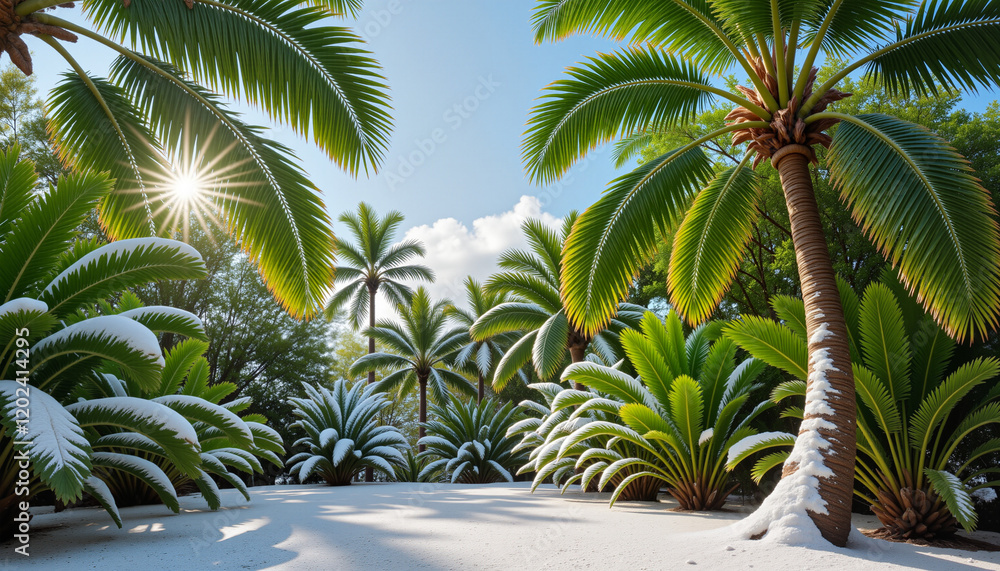 Obraz premium Snowy tropical landscape with vibrant palm trees and soft sunlight, peaceful winter scene