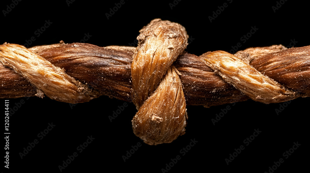 Close-up of a knotted natural fiber rope against a black background.