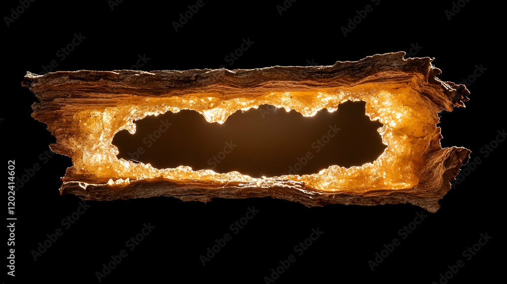 Fototapeta premium Glowing amber resin fills hollowed log section.