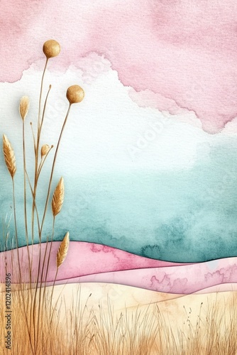 A delicate watercolor greeting card with gentle hills beneath a light blue sky. The soft tones evoke tranquility, offering a peaceful atmosphere for thoughtful greetings.
