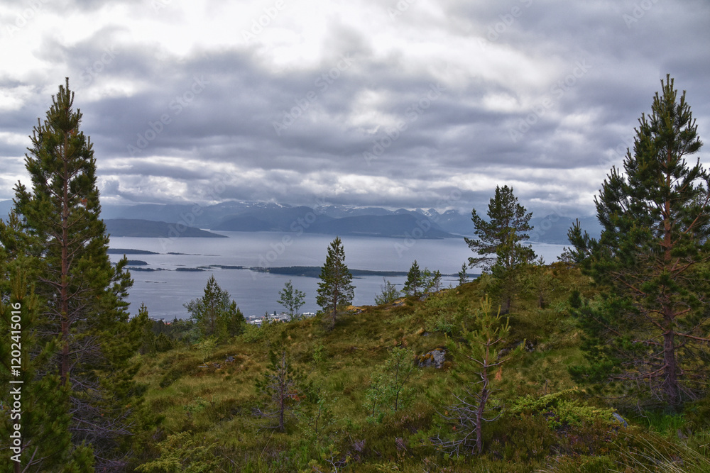 Varden viewpoint Panoramic landscapes, ocean, fjords, islands forests summer 2024 around Molde Norway Scandinavia Europe