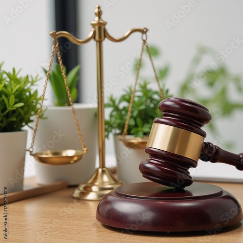 Corporate-themed law concept featuring a gold-adorned wood gavel atop a green balance scale symbolizing environmental regulations in the legal realm and advocating for environmental sustainability