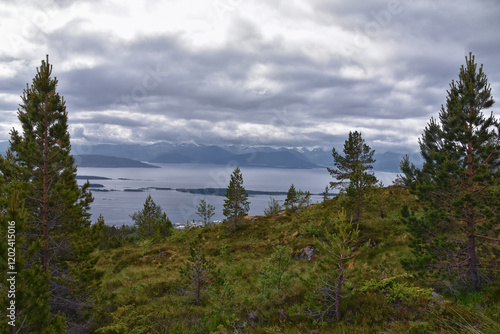 Obraz na płótnie Varden viewpoint Panoramic landscapes, ocean, fjords, islands forests summer 2024 around Molde Norway Scandinavia Europe w salonie