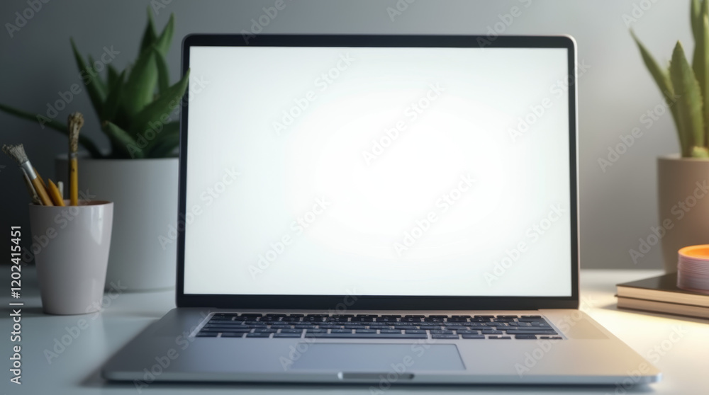 Fototapeta premium A sleek modern laptop placed on a minimalist desk, with a bright, blank white screen