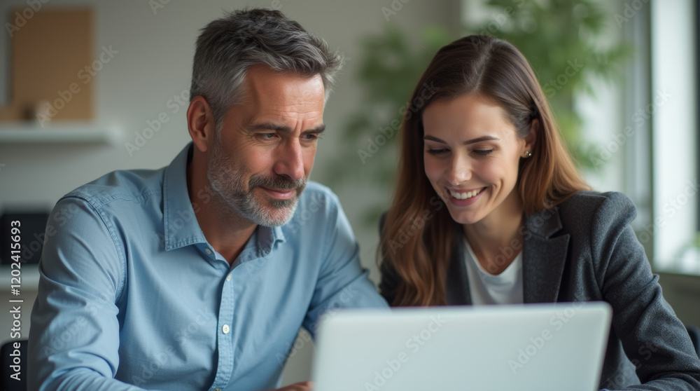 man and woman discussing project on laptop in office man and woman discussing project on laptop in office