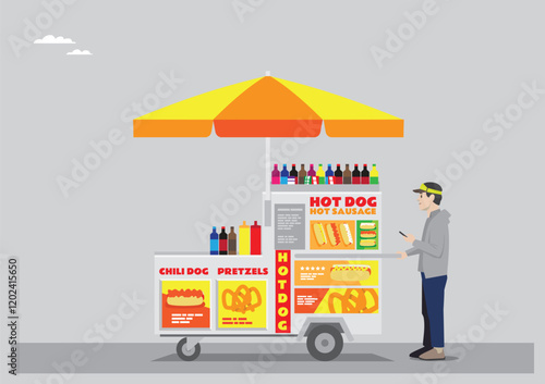 a hotdog stall with yellow and red color with umbrella and moving wheels selling sodas hotdog chilli dog and pretzels run by young man