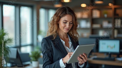 European businesswoman CEO holding digital tablet using tab application standing at workplace in office.