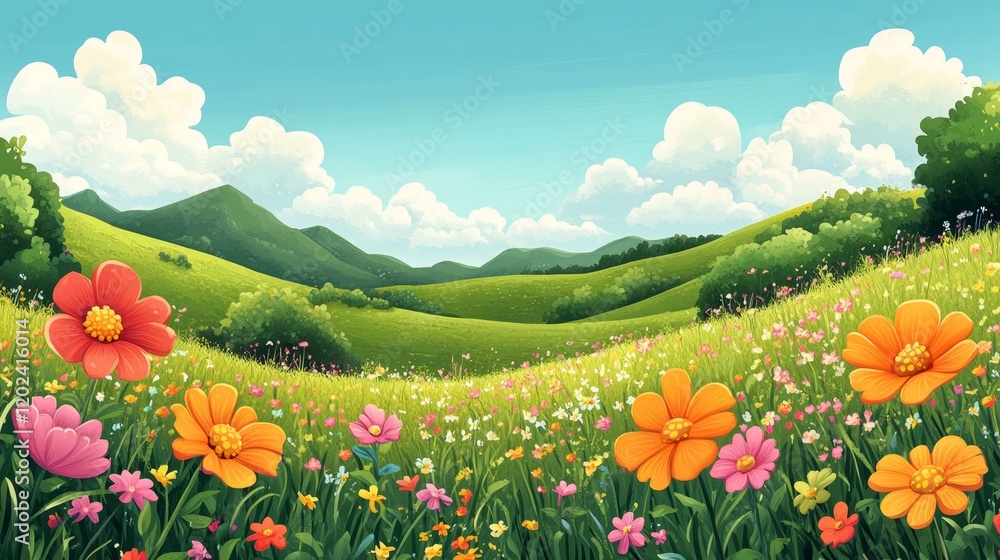 Fototapeta premium Vibrant Spring Meadow Rolling Hills Blooming Cosmos