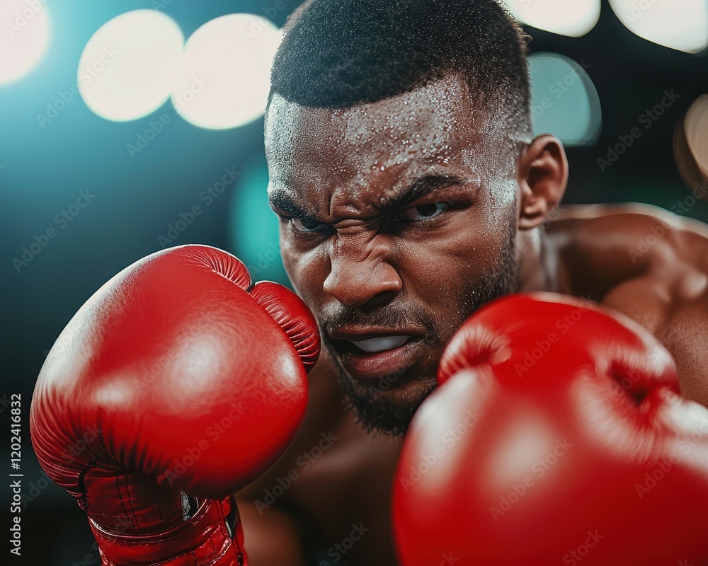 A focused boxer in red gloves prepares for a match, showcasing determination and intensity under bright lights. A focused boxer in red gloves prepares for a match, showcasing determination and intensity under bright lights.