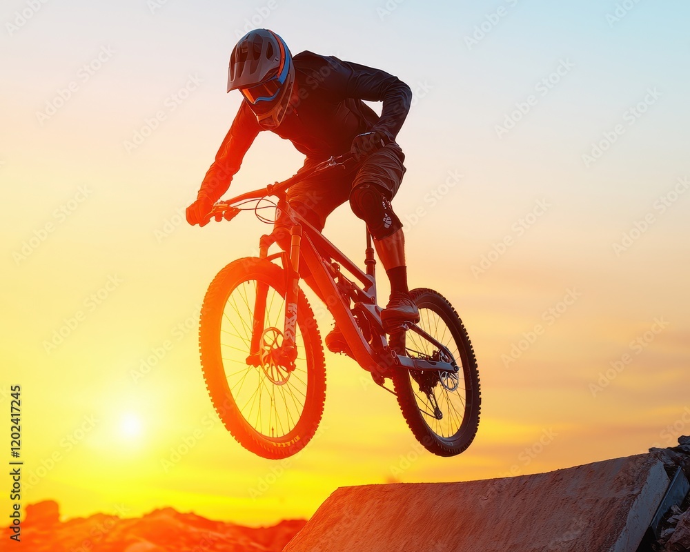 Obraz premium A mountain biker performs a jump against a vibrant sunset backdrop, showcasing skill and adventure in a dynamic outdoor setting.