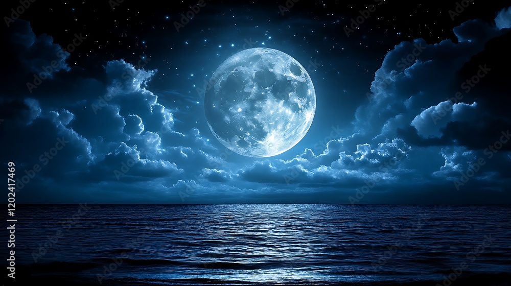Fototapeta premium Serene Night Sky Moonlit Ocean Waves
