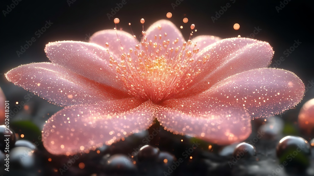 Sparkling Pink Flower with Glowing Stamens and Metallic Spheres Sparkling Pink Flower with Glowing Stamens and Metallic Spheres
