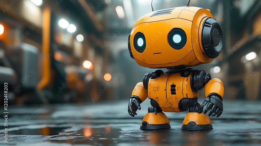 Small Orange Robot Standing In Urban Setting Small Orange Robot Standing In Urban Setting