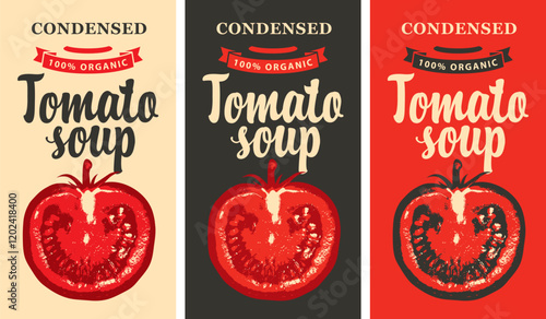 Labels for a condensed tomato soup in retro style. Set of vector labels or banners for organic tomato soup with the image of a cut half tomato and inscriptions