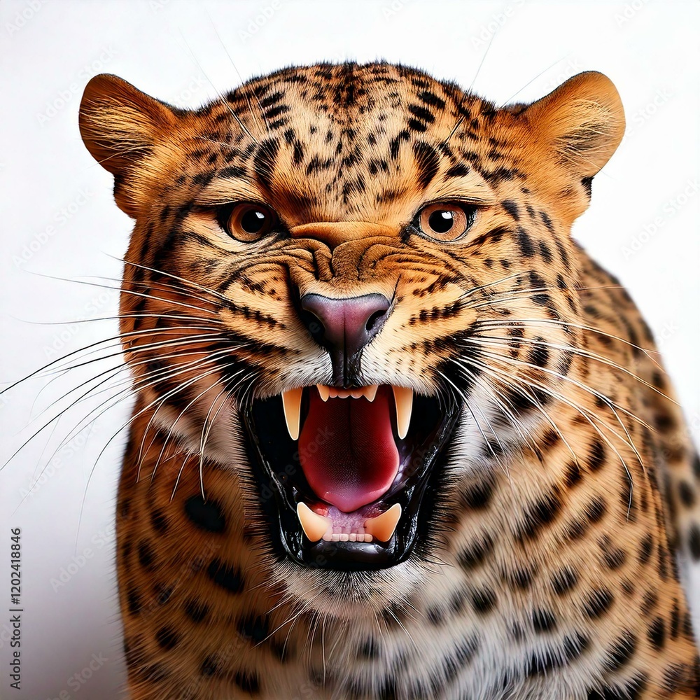 Fototapeta premium 3D Detailed High Resolution: Leopard Head Roaring with Fierce Expression on a Clean White Background